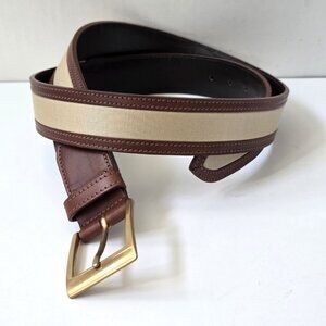 Tuttle Golf Belt Mens 36 Brown Leather Beige Linen Grosgrain Made in Italy NEW